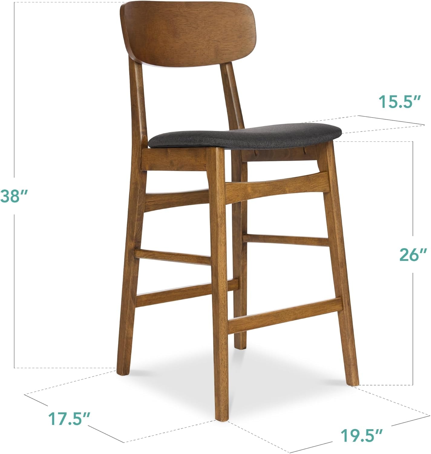 Bar Stool Set of 2, Farmhouse Counter Height W/Armless Upholstered Cushioned Seat, Wooden Curved Backrest - Walnut/Charcoal