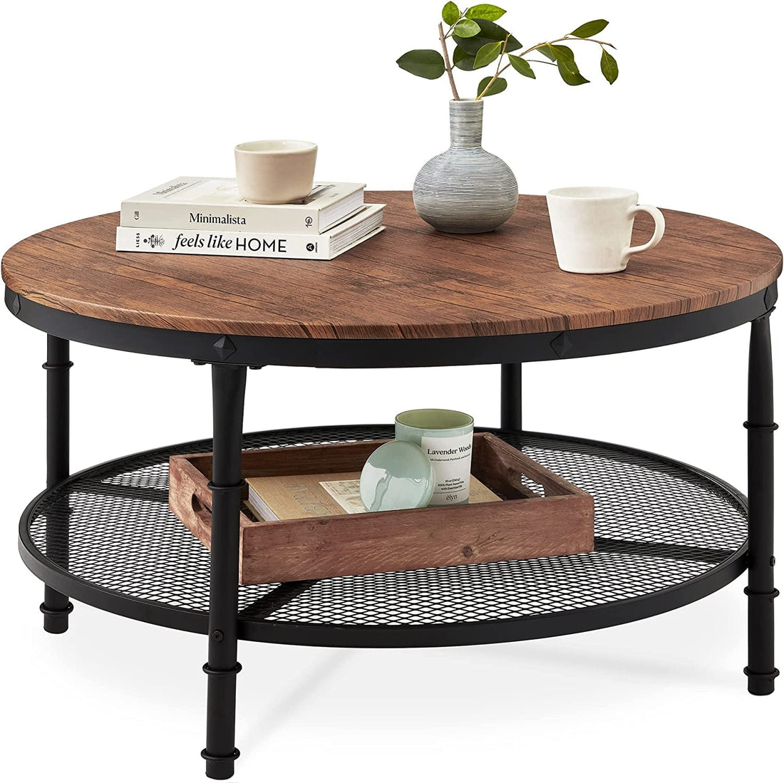 2-Tier 35.5In round Industrial Coffee Table, Rustic Steel Accent Table for Living Room, W/Wooden Tabletop, Reinforced Crossbars, Padded Feet, Open Shelf, Raised Bottom - Brown