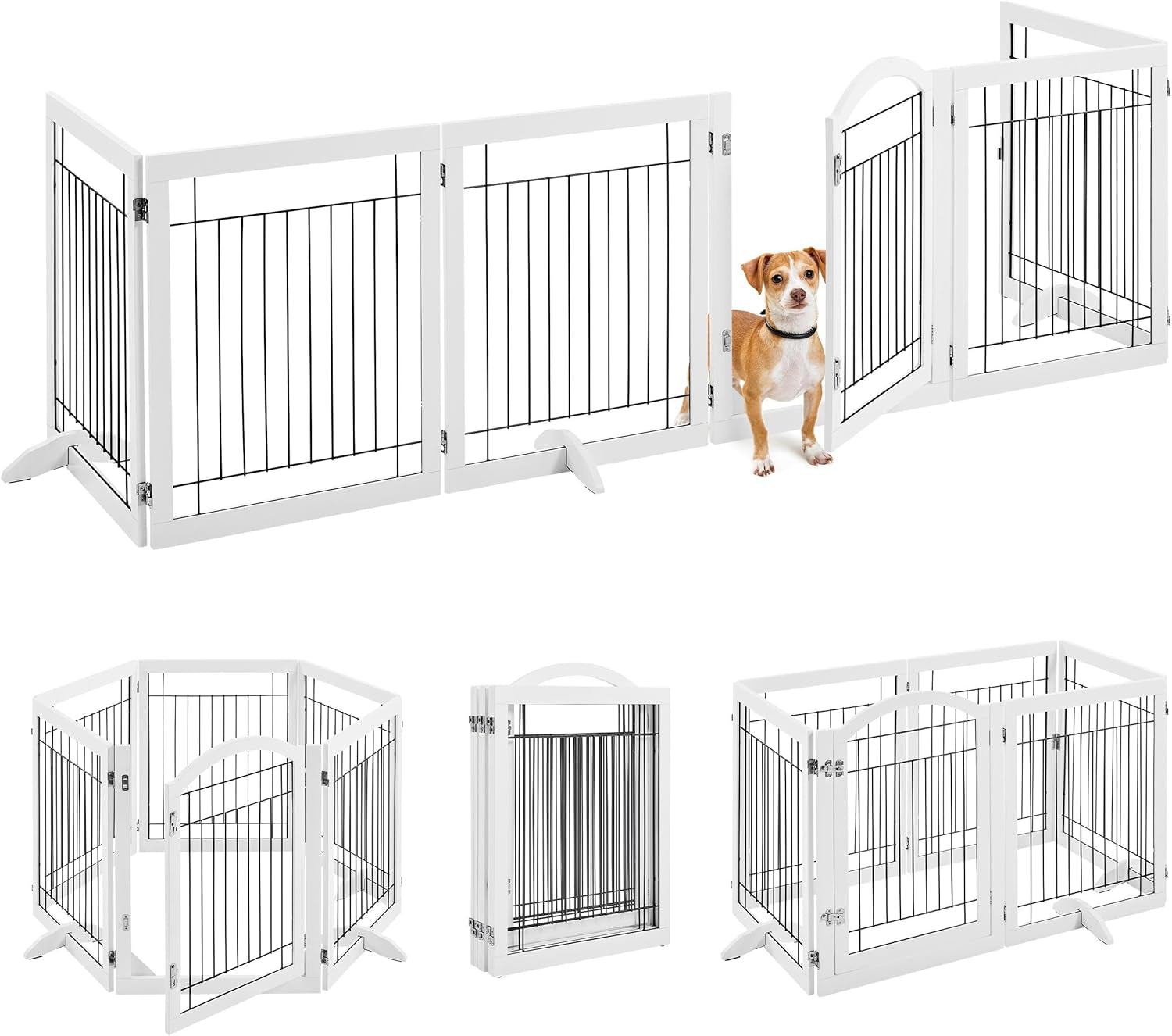 32-Inch Tall Dog Gate Extra Wide Pet Gate for Dogs Indoor Foldable Wire &amp; Wooden Puppy Safety Fence W/2 Support Feet,Freestanding Dog Gate for the House, Doorway, Stairs(White,4 Panels)