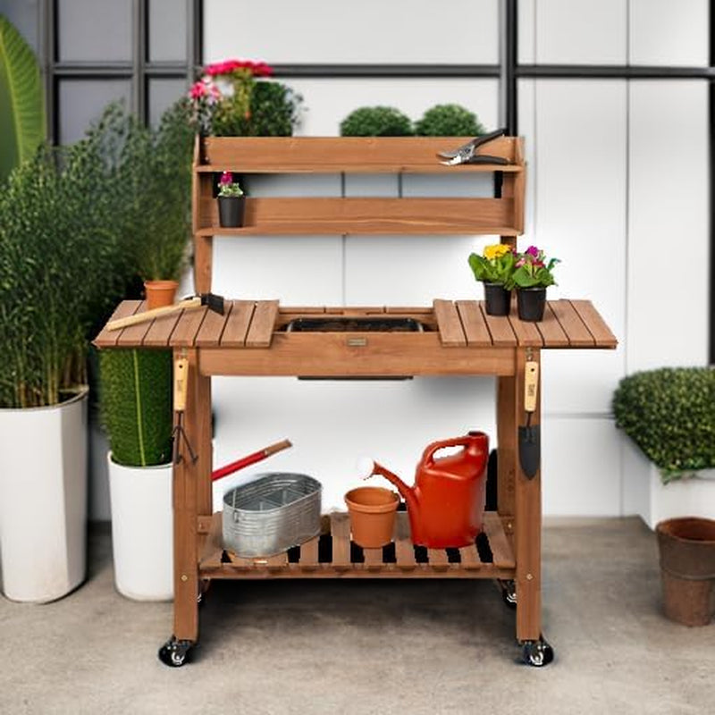 Mobile Garden Potting Bench, Outdoor Wood Workstation Table W/Sliding Tabletop, 4 Locking Wheels, Food Grade Dry Sink, Storage Shelves - Brown