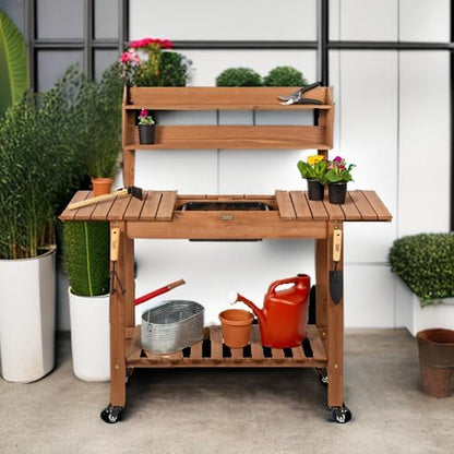 Mobile Garden Potting Bench, Outdoor Wood Workstation Table W/Sliding Tabletop, 4 Locking Wheels, Food Grade Dry Sink, Storage Shelves - Brown