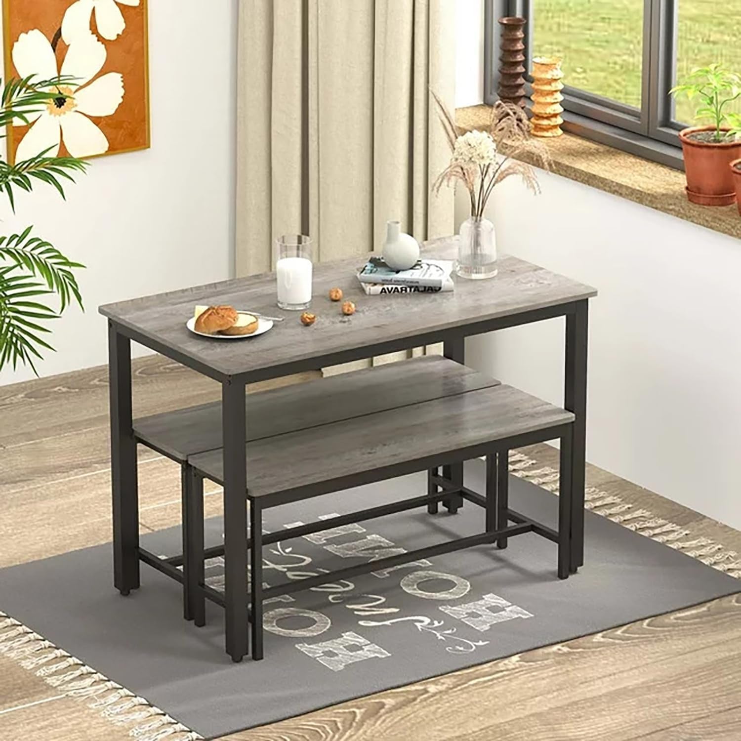 Dining Table Set for 4, Kitchen Room Table Set with 2 Benches, 3-Piece Dining Chairs Set for Breakfast Nook, Grey