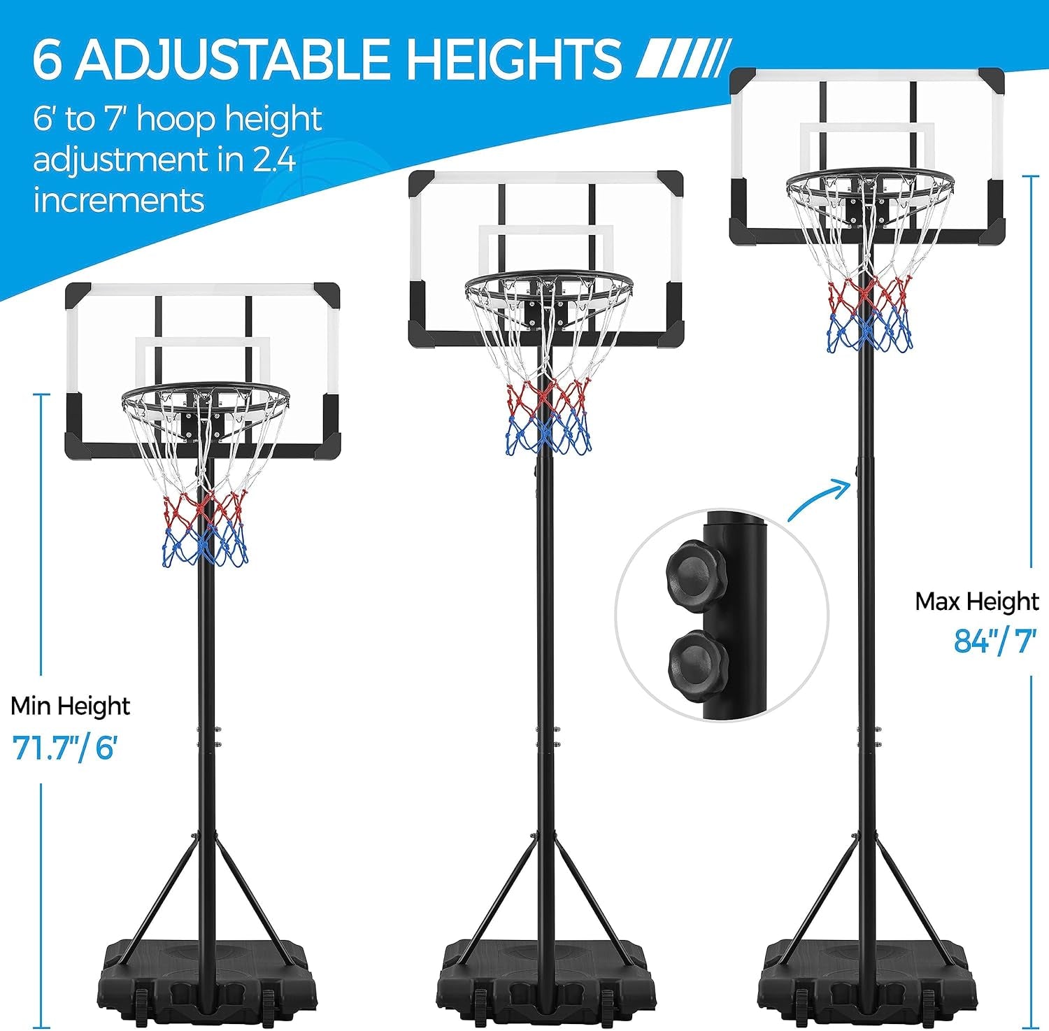 Kids Basketball Hoop Outdoor Portable Basketball Goals Basketball Court Freestanding Basketball Goal Stand 7.4Ft-8.4Ft Height Adjustable for Indoor/Outdoor Sports