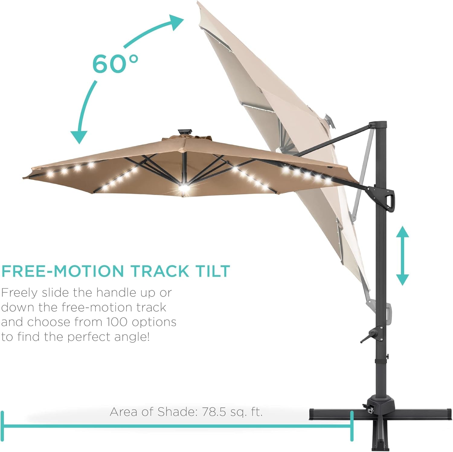 10Ft Solar LED Cantilever Patio Umbrella, 360-Degree Rotation Hanging Offset Market Outdoor Sun Shade for Backyard, Deck, Poolside W/Lights, Easy Tilt, Cross Base