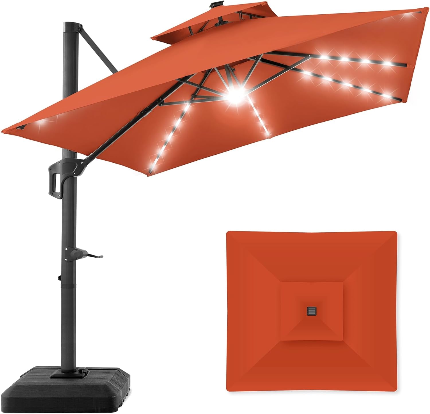 10X10Ft 2-Tier Square Cantilever Patio Umbrella with Solar LED Lights, Offset Hanging Outdoor Sun Shade for Backyard W/Included Fillable Base, 360 Rotation - Burgundy