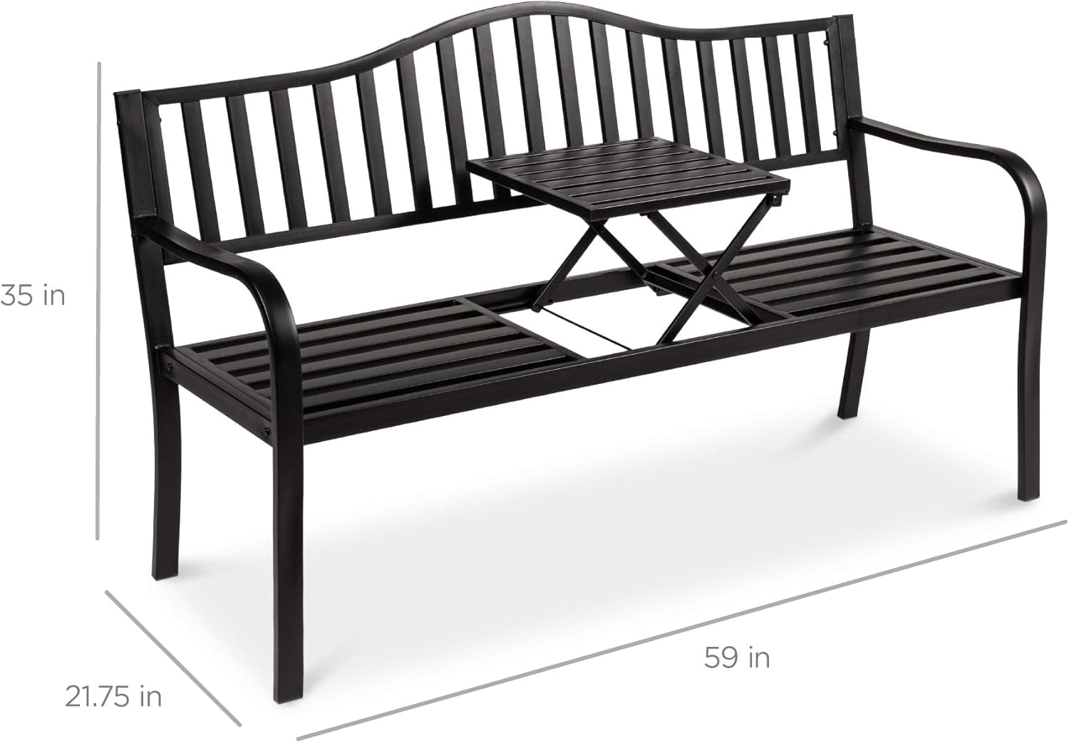 Outdoor Garden Bench with Pullout Middle Table, Double Seat Steel Metal for Patio, Porch, Backyard W/Weather- Resistant Frame, 600Lb Weight Capacity - Black