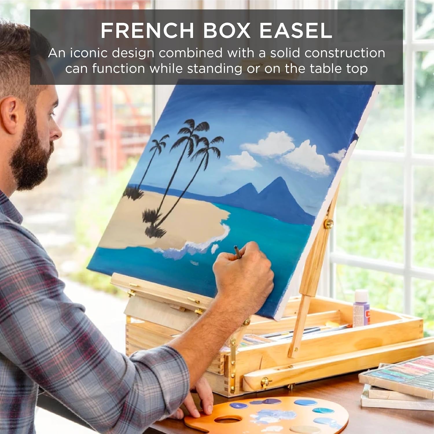 French Easel, 32Pc Beginners Kit Portable Wooden Folding Adjustable Sketch Box Artist Tripod for Painting, Drawing W/Acrylic Paints, Brushes, Canvases, Palettes - Natural