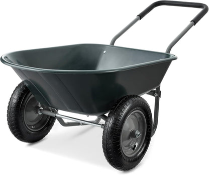 Dual-Wheel Home Utility Yard Wheelbarrow Garden Cart W/Built-In Stand for Lawn, Gardening, Construction - Green