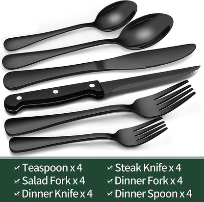 24-Piece Black Silverware Set with Steak Knives, Black Flatware Set for 4, Food-Grade Stainless Steel Tableware Cutlery Set, Mirror Finished Utensil Sets for Home Restaurant