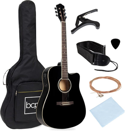 Beginner Acoustic Electric Guitar Starter Set 41In W/All Wood Cutaway Design, Case, Strap, Picks - Black