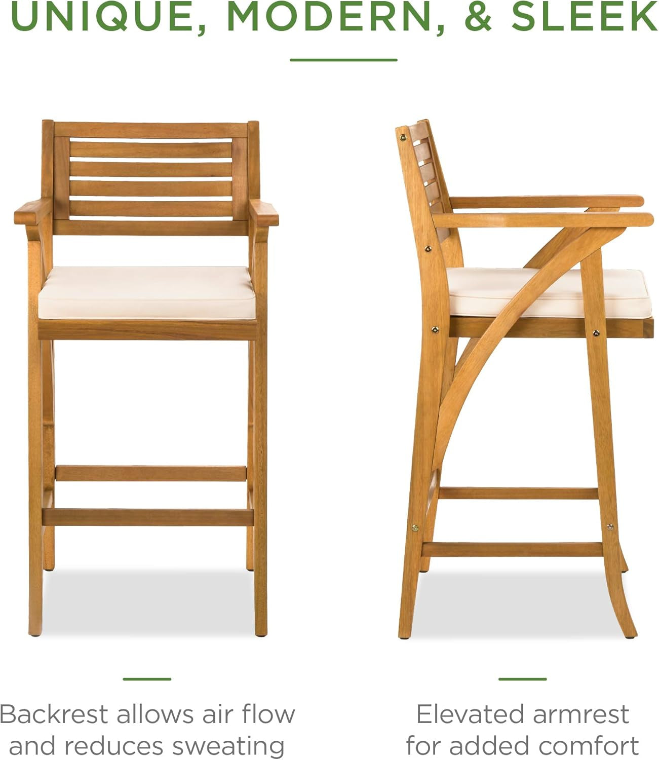 Set of 2 Outdoor Acacia Wood Bar Stools Bar Chairs for Patio, Pool, Garden W/Weather-Resistant Cushions - Teak Finish