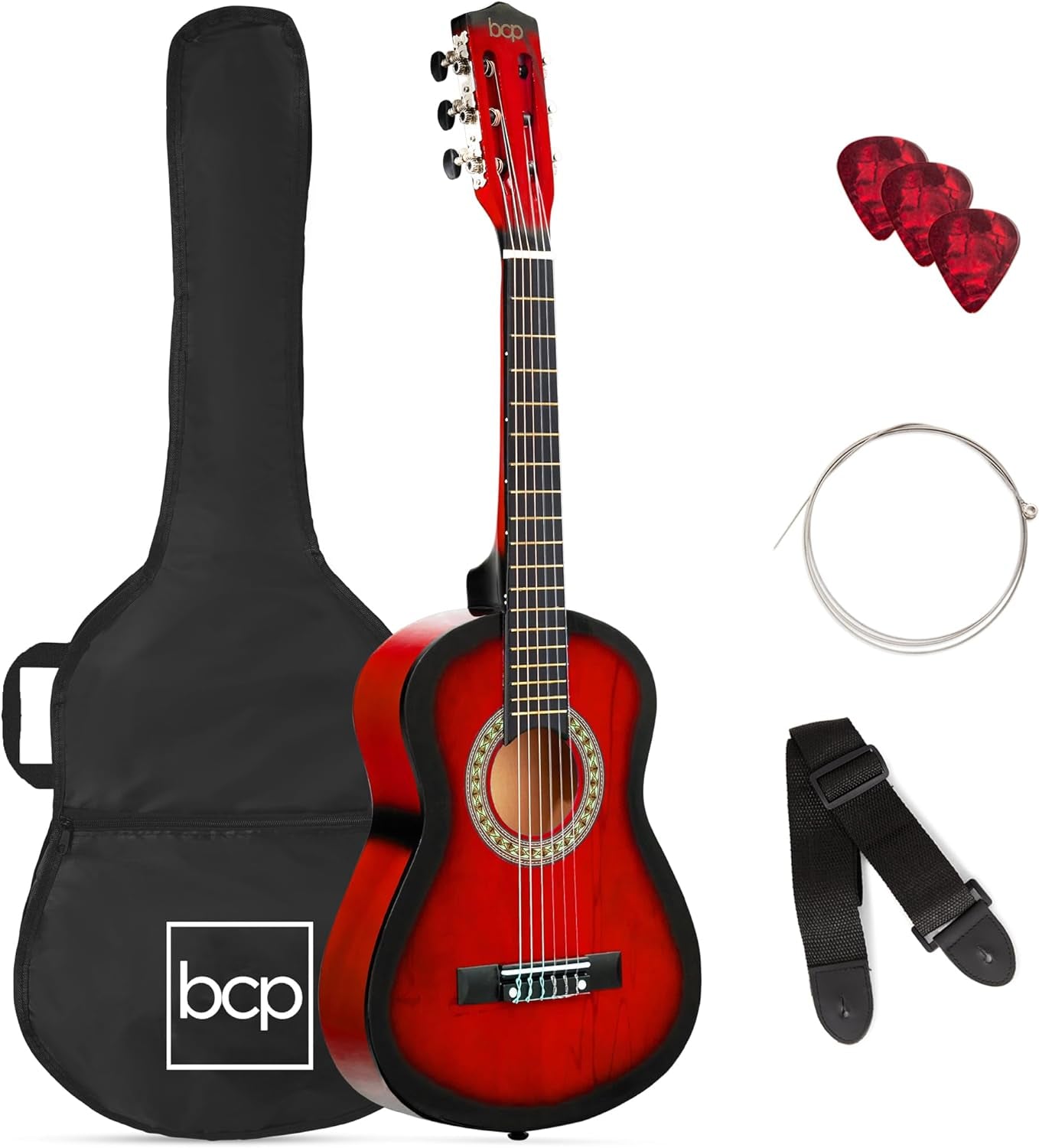 38In Beginner All Wood Acoustic Guitar Starter Kit W/Gig Bag, 6 Celluloid Picks, Nylon Strings, Capo, Cloth, Strap W/Pick Holder - Matte Black