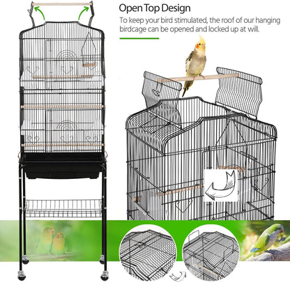 64-Inch Play Open Top Medium Small Bird Cage with Detachable Rolling Stand for Parrot Lovebirds Finches Canaries Parakeets Cockatiels Budgie Parrotlet Conures