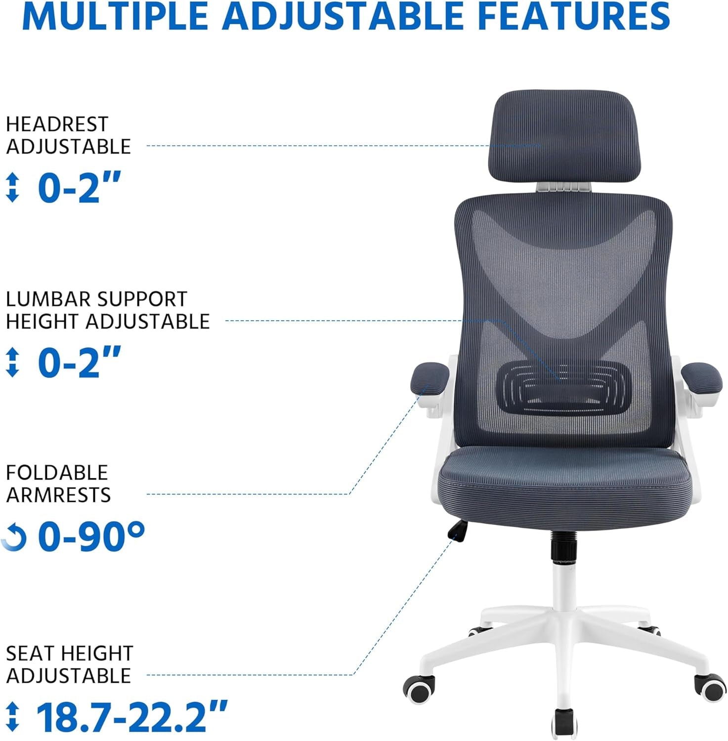 Ergonomic Mesh Office Chair, High Back Desk Chair with with Flip-Up Armrests, Adjustable Padded Headrest Computer Chair with Lumbar Support for Home Oiffce Game Room, White/Gray