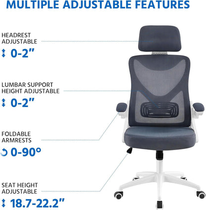 Ergonomic Mesh Office Chair, High Back Desk Chair with with Flip-Up Armrests, Adjustable Padded Headrest Computer Chair with Lumbar Support for Home Oiffce Game Room, White/Gray