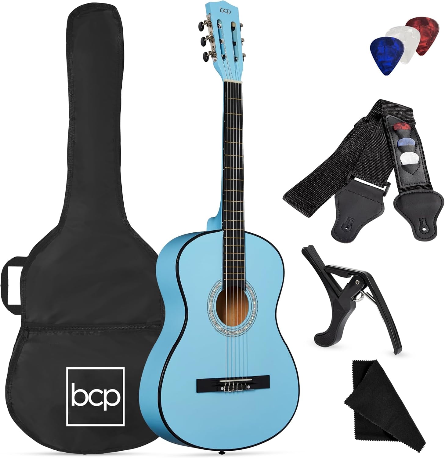 38In Beginner All Wood Acoustic Guitar Starter Kit W/Gig Bag, 6 Celluloid Picks, Nylon Strings, Capo, Cloth, Strap W/Pick Holder - Matte Black