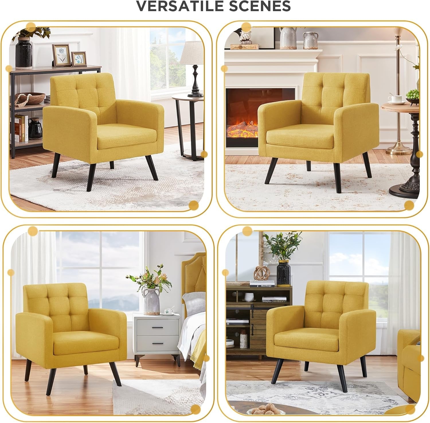 Mid-Century Accent Chairs, Modern Upholstered Living Room Chair, Cozy Armchair Button Tufted Back and Wood Legs for Bedroom/Office/Cafe, Yellow