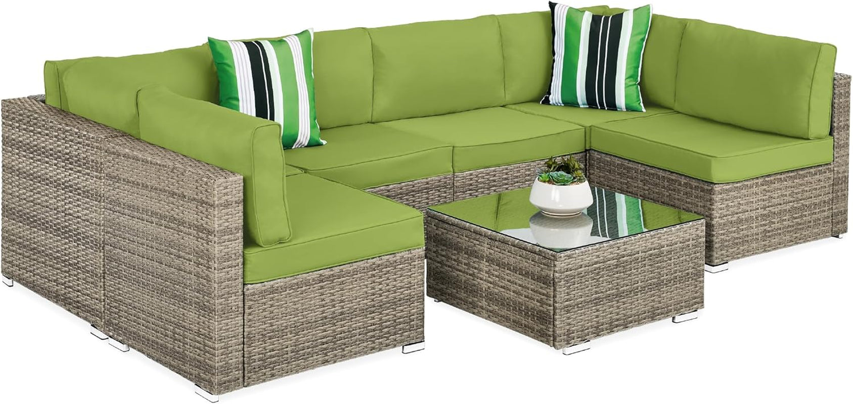 7-Piece Modular Outdoor Sectional Wicker Patio Conversation Set W/ 2 Pillows, Coffee Table, Cover Included - Gray/Navy