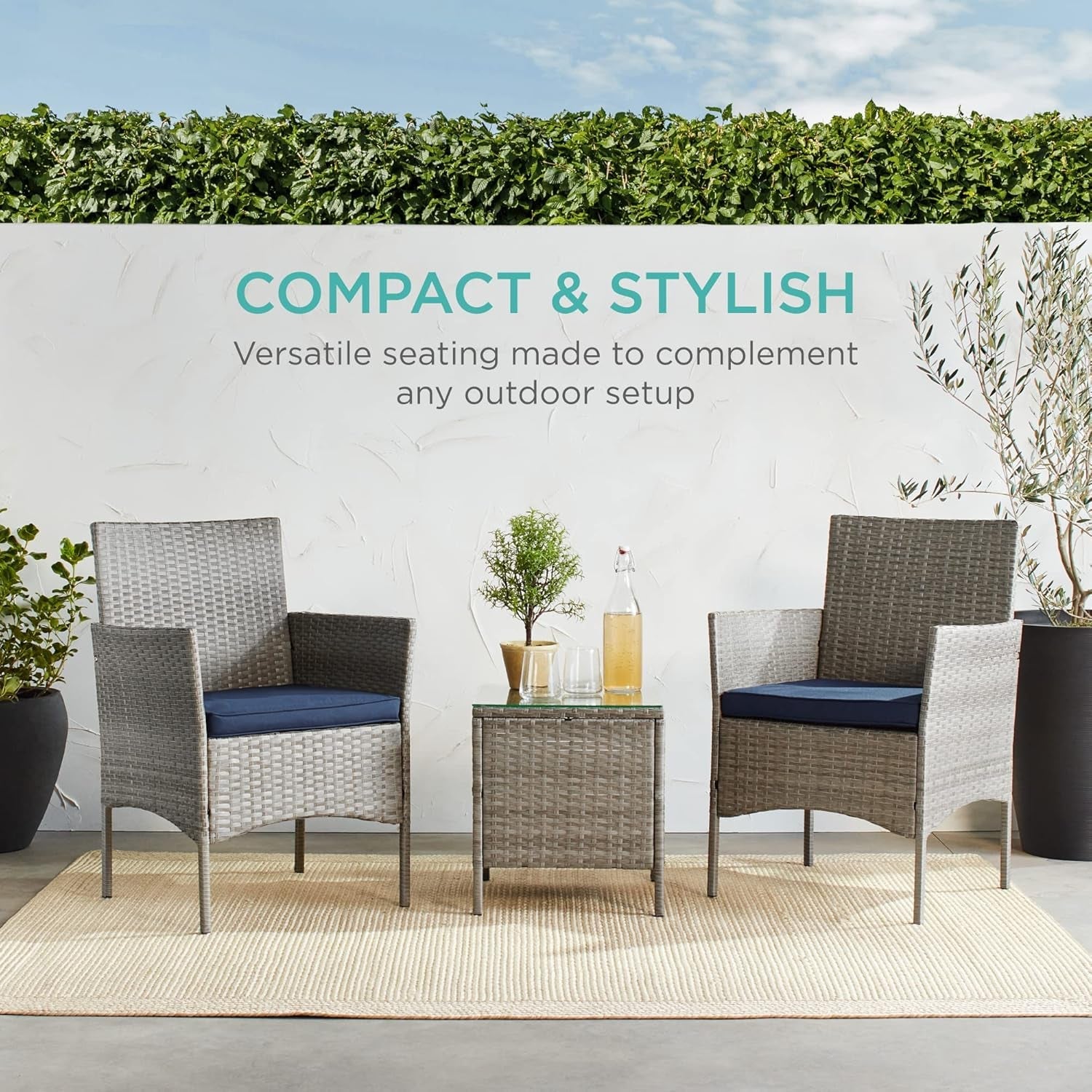 3-Piece Outdoor Wicker Conversation Bistro Set, Space Saving Patio Furniture for Garden W/Side Table - Gray/Navy