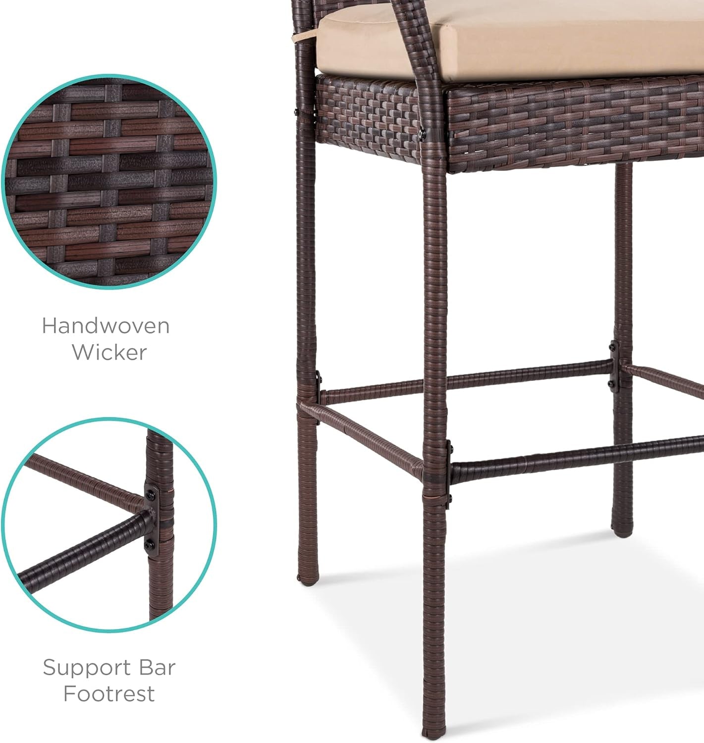 Set of 2 Wicker Bar Stools, Indoor Outdoor Bar Height Chairs W/Cushion, Footrests, Armrests for Backyard, Patio, Pool, Garden, Deck - Brown