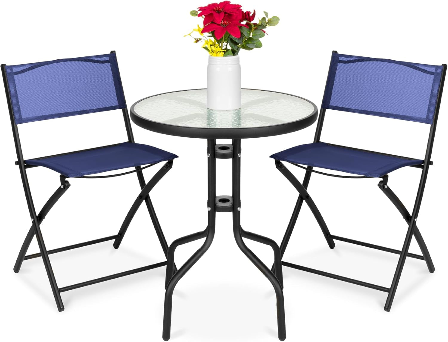 3-Piece Patio Bistro Dining Furniture Set W/Glass Tabletop, 2 Folding Chairs, Steel Frame, Polyester Fabric - Gray