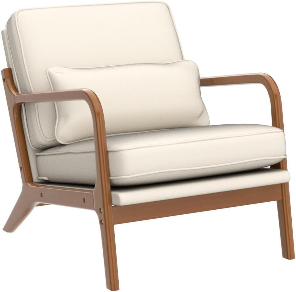 Accent Chair Mid-Century Modern Chair with Pillow Upholstered Lounge Arm Chair with Solid Wood Frame &amp; Soft Cushion for Living Room, Bedroom, Balcony, Linen Beige (Low Back)