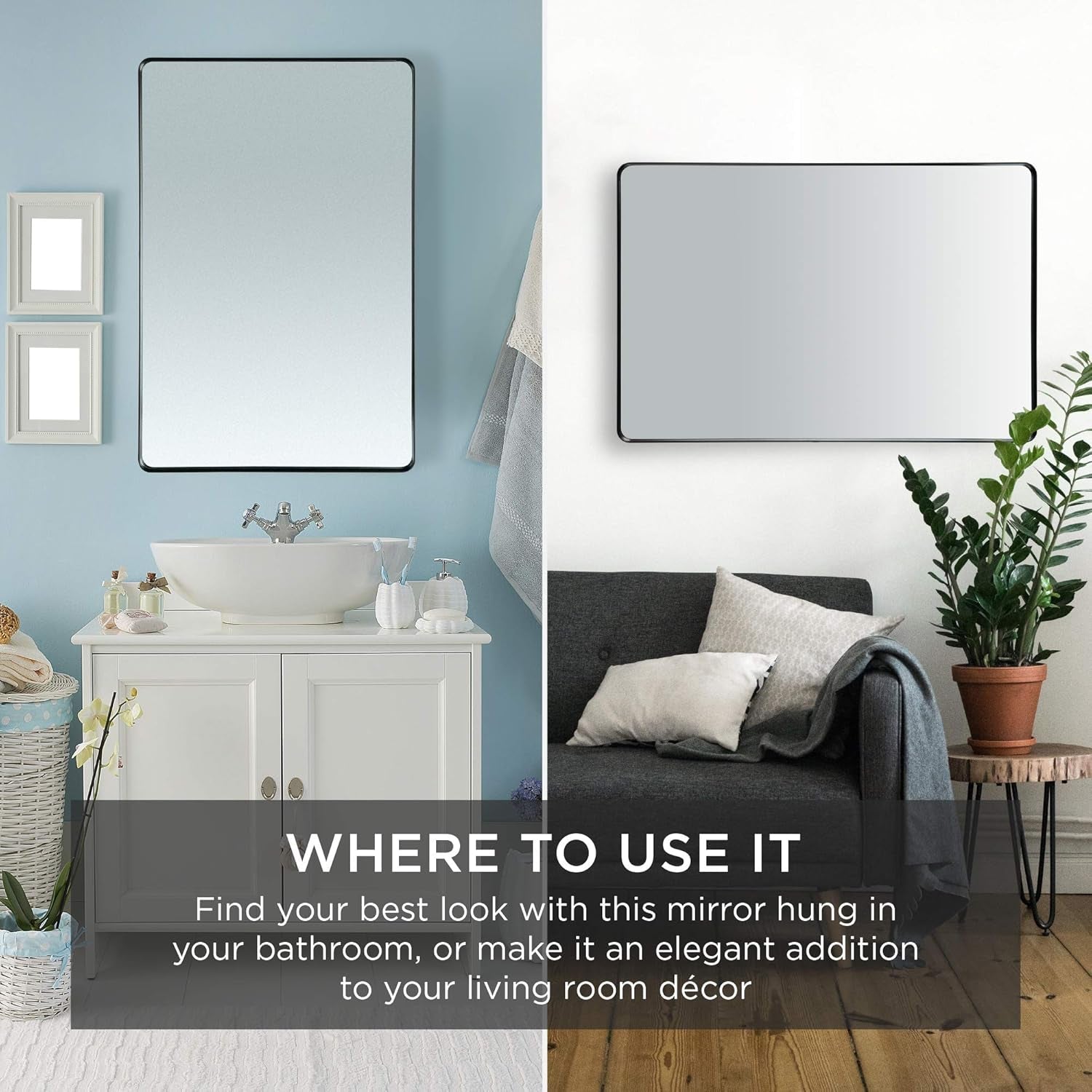 24X36In Recessed Bathroom Vanity 2-Way Rectangle Wall Mirror for Bedroom, Living Room, Vertical &amp; Horizontal W/High Clarity, Rounded Corners, Anti-Blast Film - Matte Black