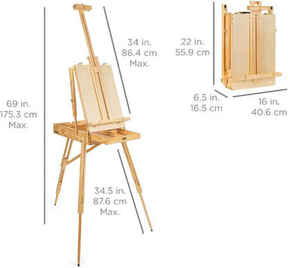 French Easel, 32Pc Beginners Kit Portable Wooden Folding Adjustable Sketch Box Artist Tripod for Painting, Drawing W/Acrylic Paints, Brushes, Canvases, Palettes - Natural