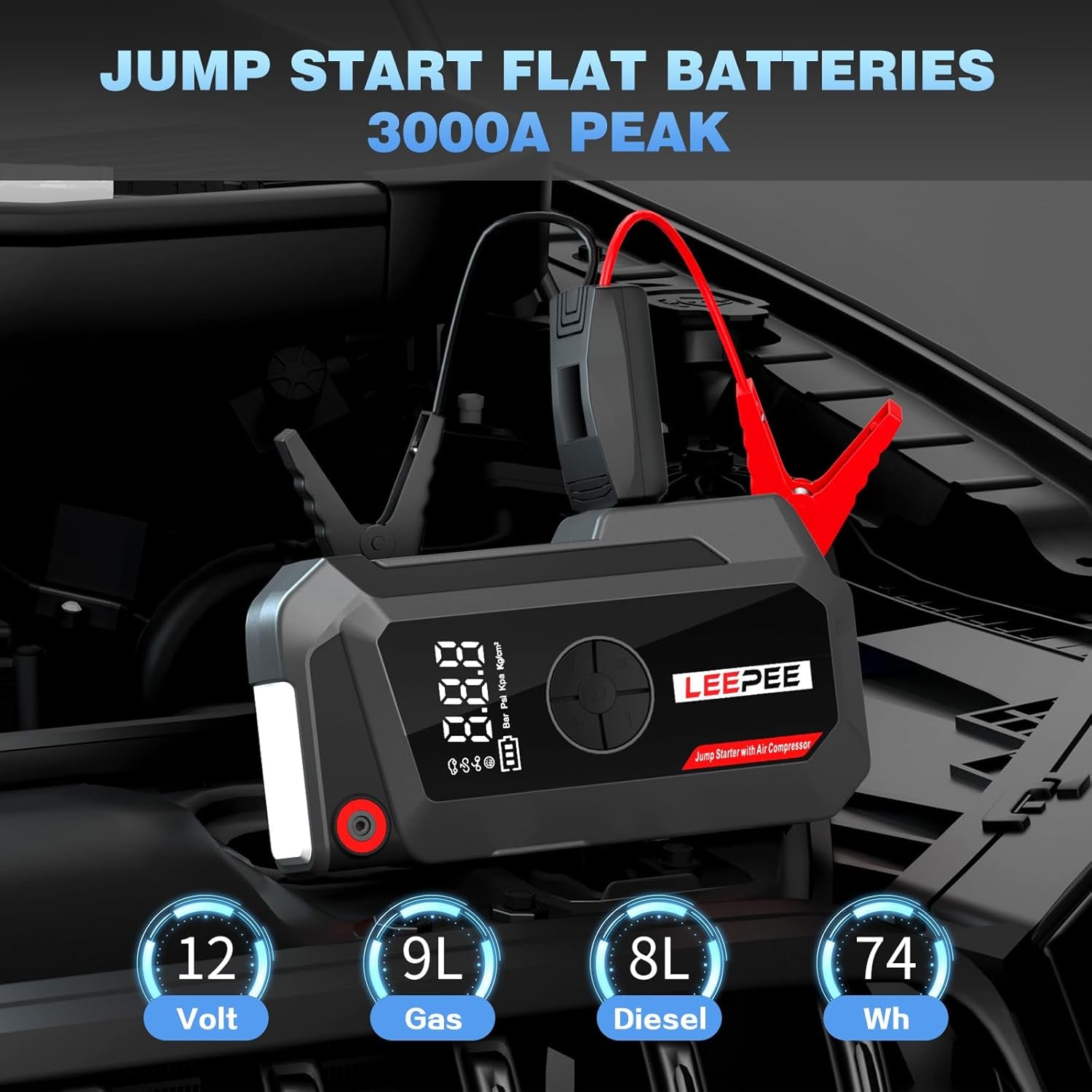 TM16K Car Jump Starter with Air Compressor, 12V Power Bank for 9L Gas &amp; 8L Diesel Engines, 3000Amps 150PSI Car Battery Booster with 3 Modes Flashlight, LCD Display Car Battery Jump Starter