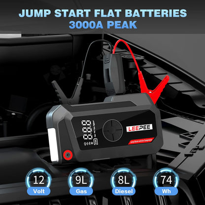 TM16K Car Jump Starter with Air Compressor, 12V Power Bank for 9L Gas &amp; 8L Diesel Engines, 3000Amps 150PSI Car Battery Booster with 3 Modes Flashlight, LCD Display Car Battery Jump Starter