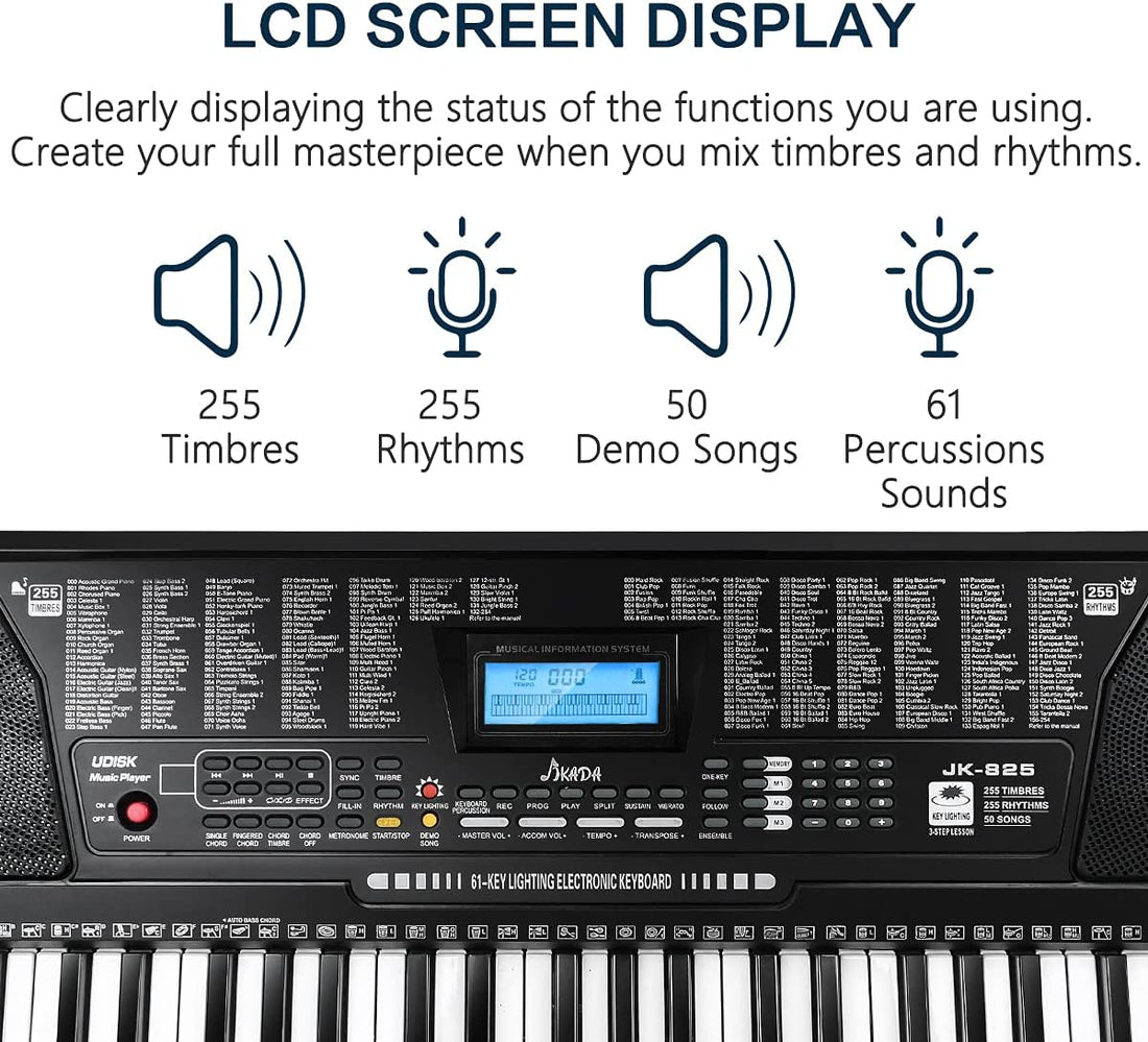 61 Key Portable Electronic Keyboard Piano W/Lighted Full Size Keys, LCD, Headphones, X-Stand, Stool, Music Rest, Microphone, Note Stickers, Built-In Speakers,3 Teaching Modes