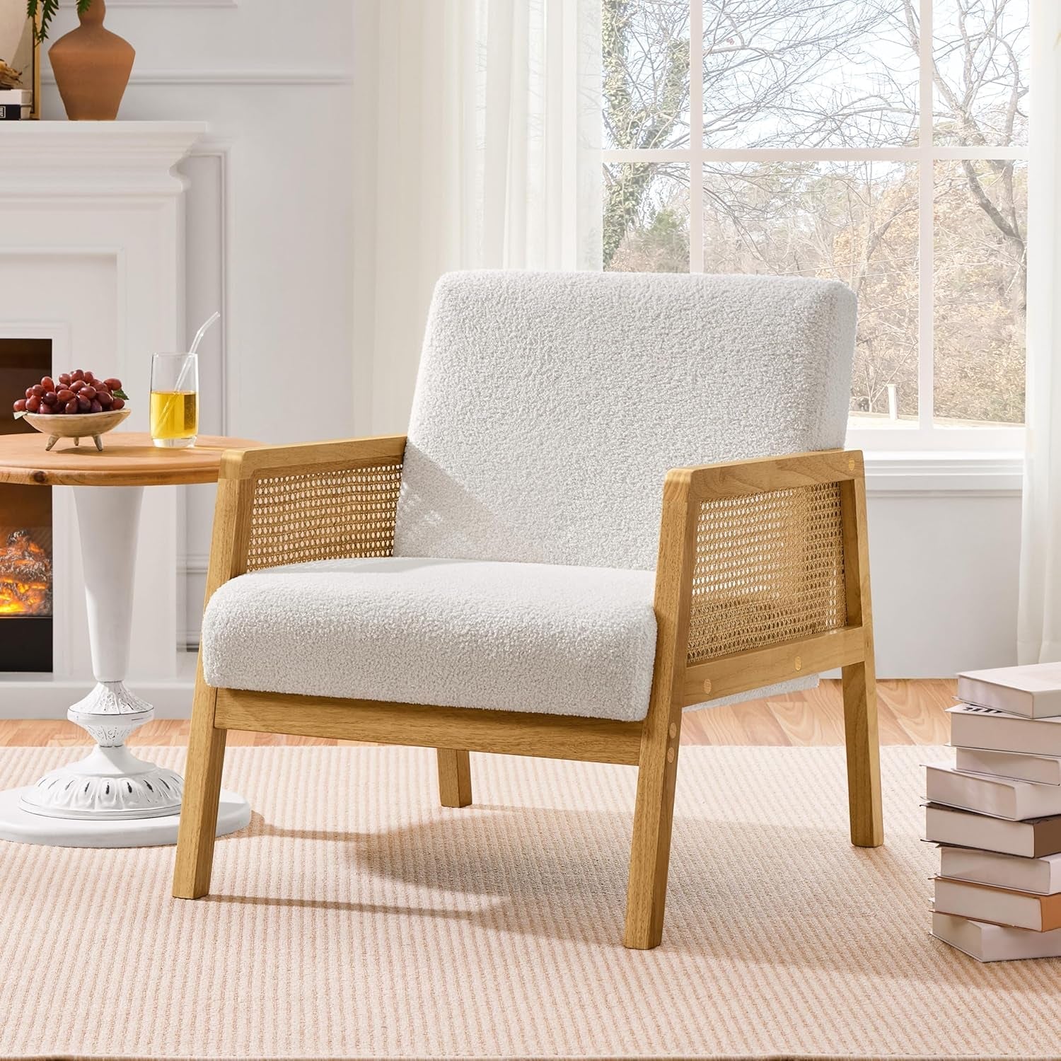 Boucle Fabric Accent Chair, Vintage Rattan Vanity Chair with Wood Armrest and Legs for Living Room Bedroom Makeup Room, Ivory 1