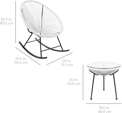 3-Piece Outdoor Acapulco All-Weather Woven Rope Patio Conversation Bistro Set W/Glass Top Table and 2 Rocking Chairs - White