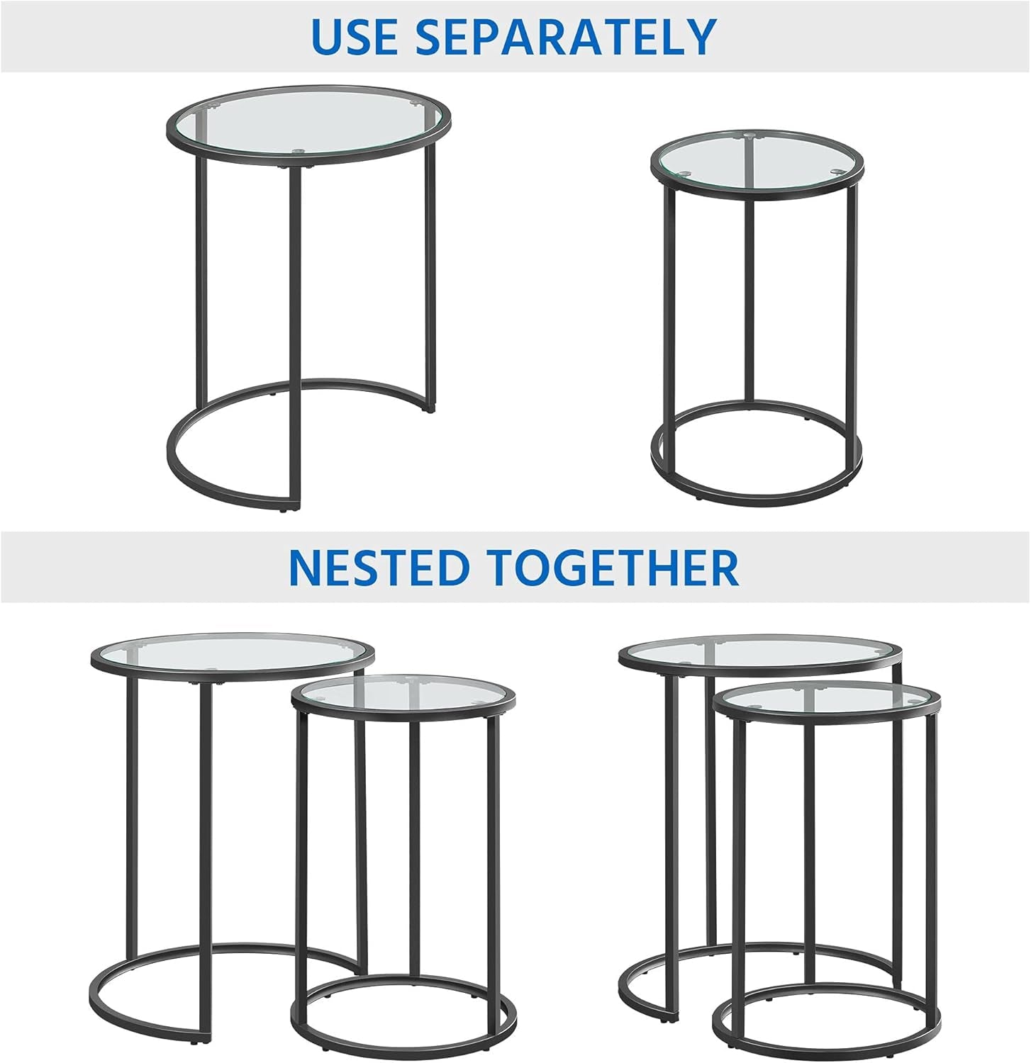 round Nesting End Table Set of 2,Stacking Side Tables,Coffee Tables Set W/Metal Frame &amp; Glass Top &amp; Protective Foot Pads for Small Space, Living Room, Office- Black