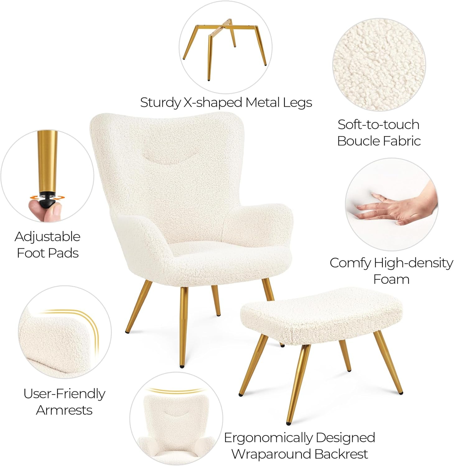 Boucle Accent Chair and Ottoman Set, Sherpa Armchair with Golden Metal Legs, High Back Reading Chair and Footstool for Living Room, Bedroom, Lounge, Ivory