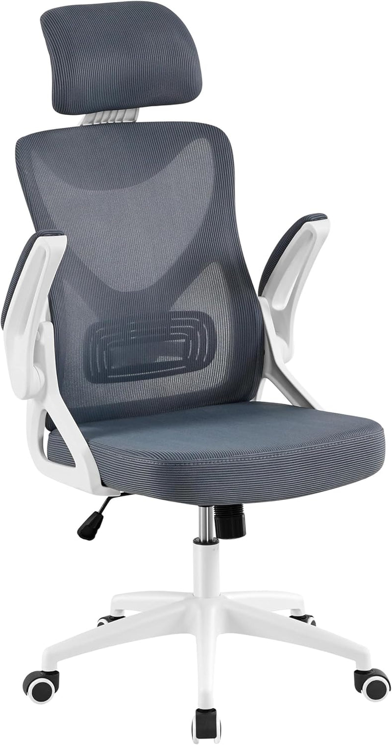 Ergonomic Mesh Office Chair, High Back Desk Chair with with Flip-Up Armrests, Adjustable Padded Headrest Computer Chair with Lumbar Support for Home Oiffce Game Room, White/Gray