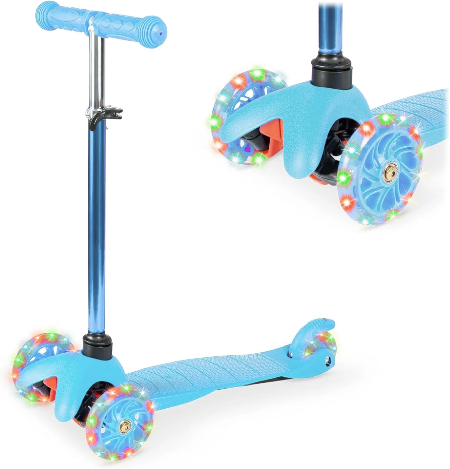 Kids Mini Kick Scooter Toy W/ Light-Up Wheels, Height Adjustable T-Bar, Foot Break - Blue