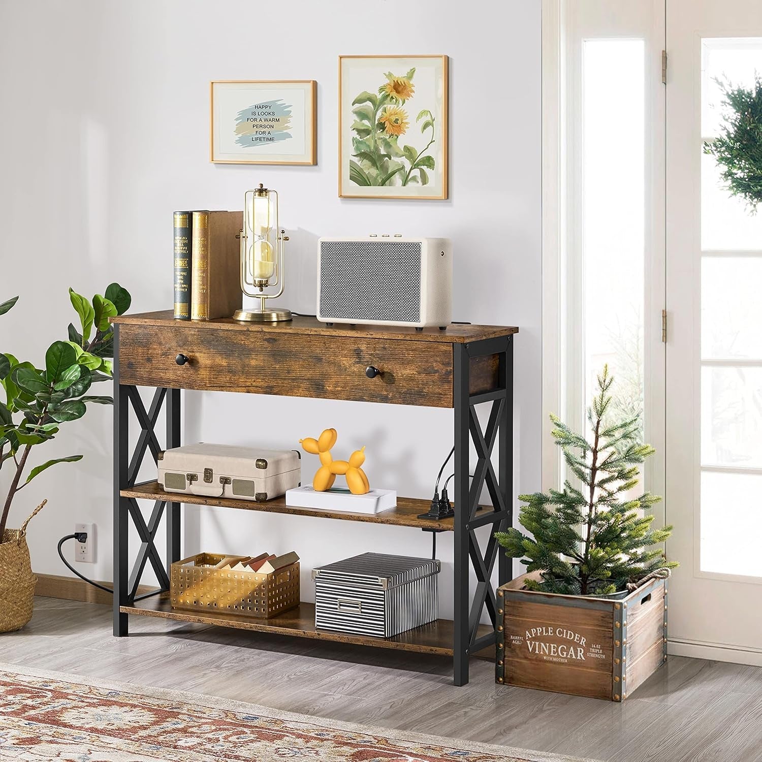 Console Table with 2 Outlets and 2 USB Ports, Industrial Entryway Table with Drawer and Storage Shelves, Narrow Sofa Table with Metal Frame for Living Room, Hallway, Rustic Brown