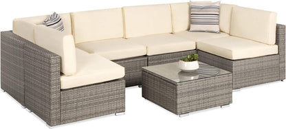 7-Piece Modular Outdoor Sectional Wicker Patio Conversation Set W/ 2 Pillows, Coffee Table, Cover Included - Gray/Navy