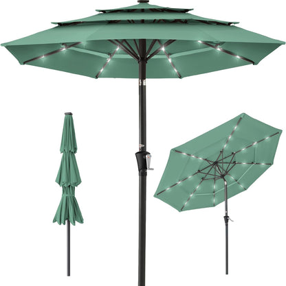 10Ft 3-Tier Solar Patio Umbrella, Outdoor Market Sun Shade for Backyard, Deck, Poolside W/ 24 LED Lights, Tilt Adjustment, Easy Crank, 8 Ribs - Tan