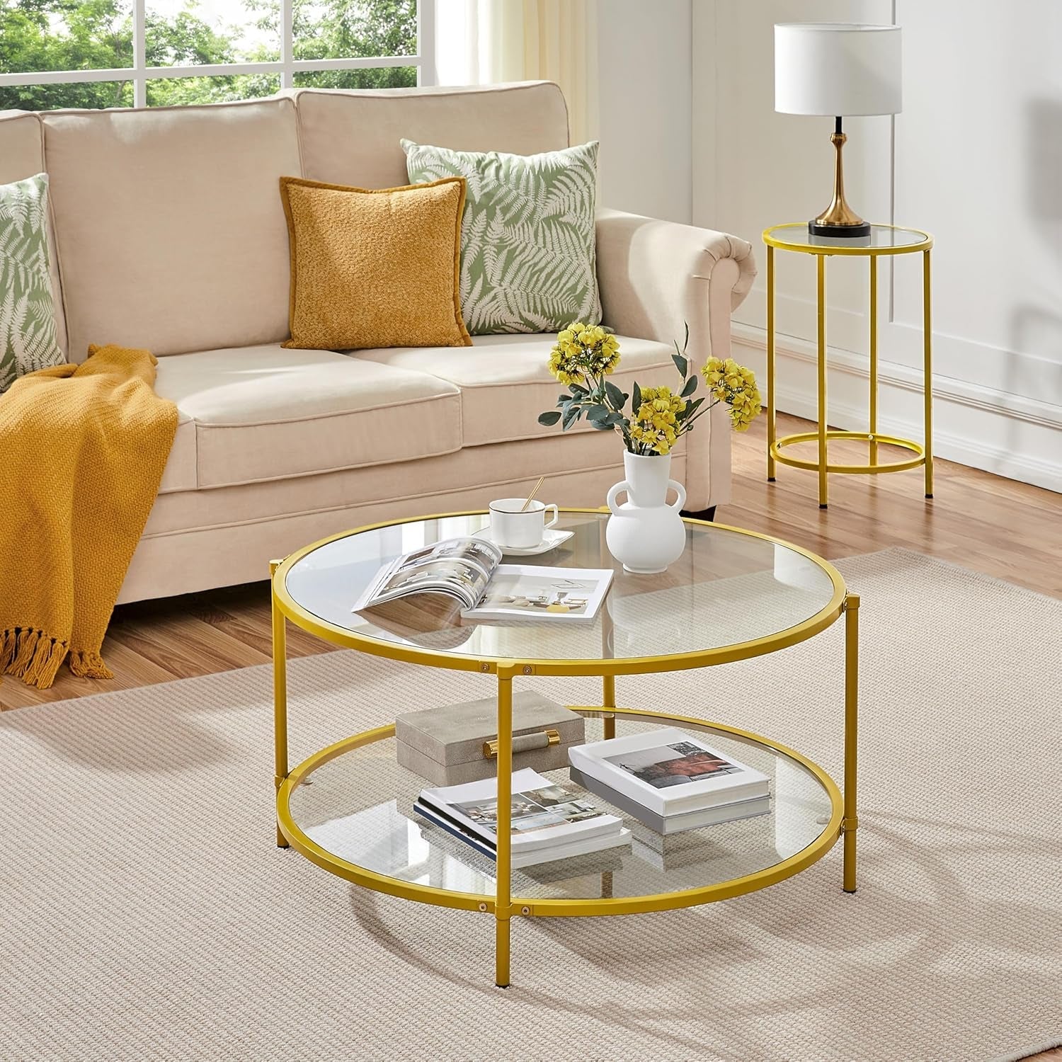 Gold Glass Coffee Table for Living Room, 36&quot; round Glass Coffee Table with Metal Frame, Circle Coffee Table for Home, Office, Apartment