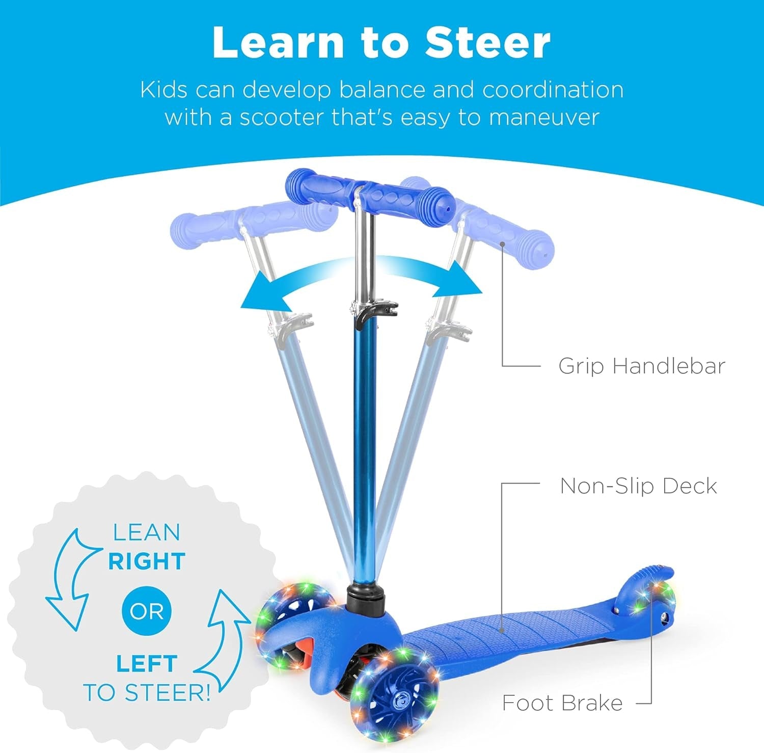 Kids Mini Kick Scooter Toy W/ Light-Up Wheels, Height Adjustable T-Bar, Foot Break - Blue