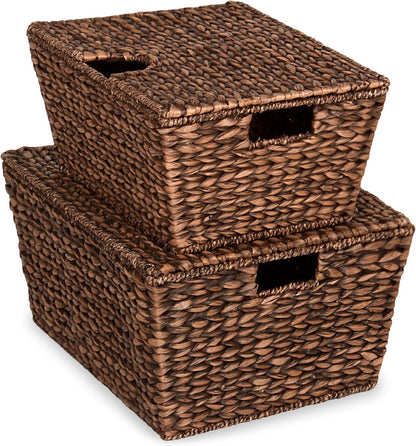 Set of 2 XL Multipurpose Classic Water Hyacinth Chests Oversized Woven Tapered Storage Basket for Organization, Laundry, Decoration W/Attached Lid, Handle Holes