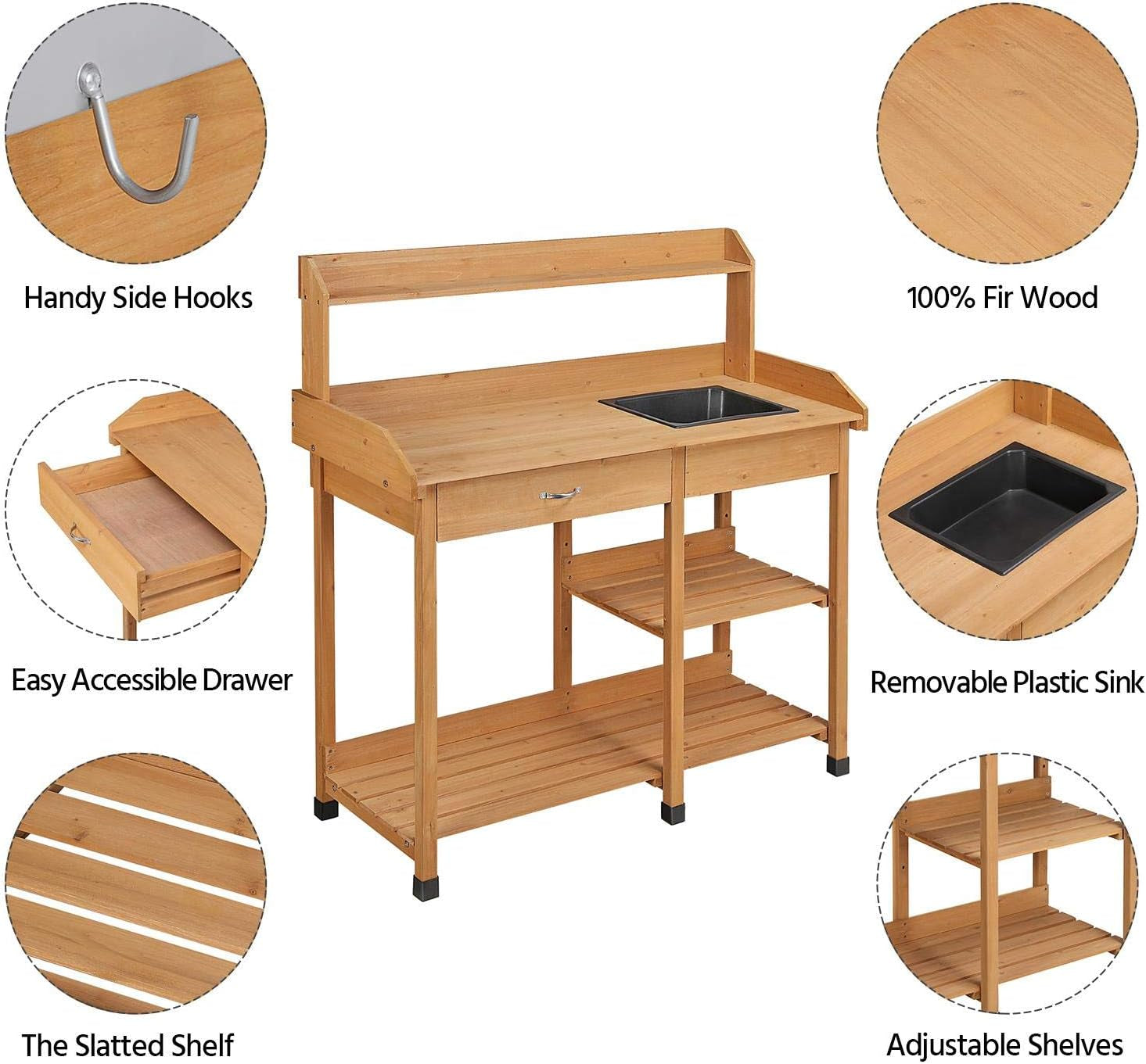 Potting Bench Outdoor Garden Work Bench Station Planting Solid Wood Construction for Horticulture W/Sink Drawer Rack Shelves Natural Wood