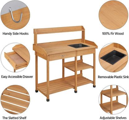 Potting Bench Outdoor Garden Work Bench Station Planting Solid Wood Construction for Horticulture W/Sink Drawer Rack Shelves Natural Wood