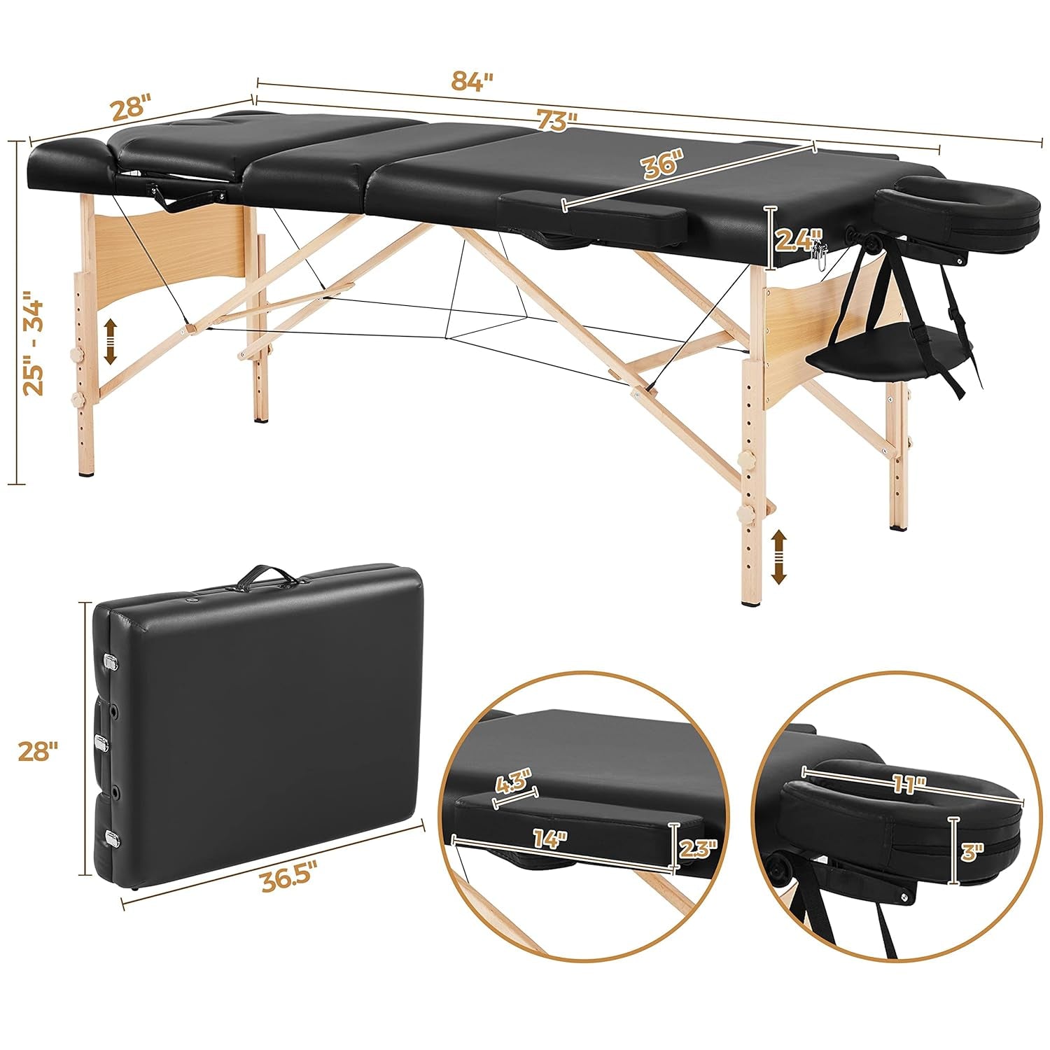 Massage Tables Portable Lash Bed Foldable Massage Bed Wide Tattoo Table with Bolster &amp; Carrying Bag Beauty Facial Bed Black