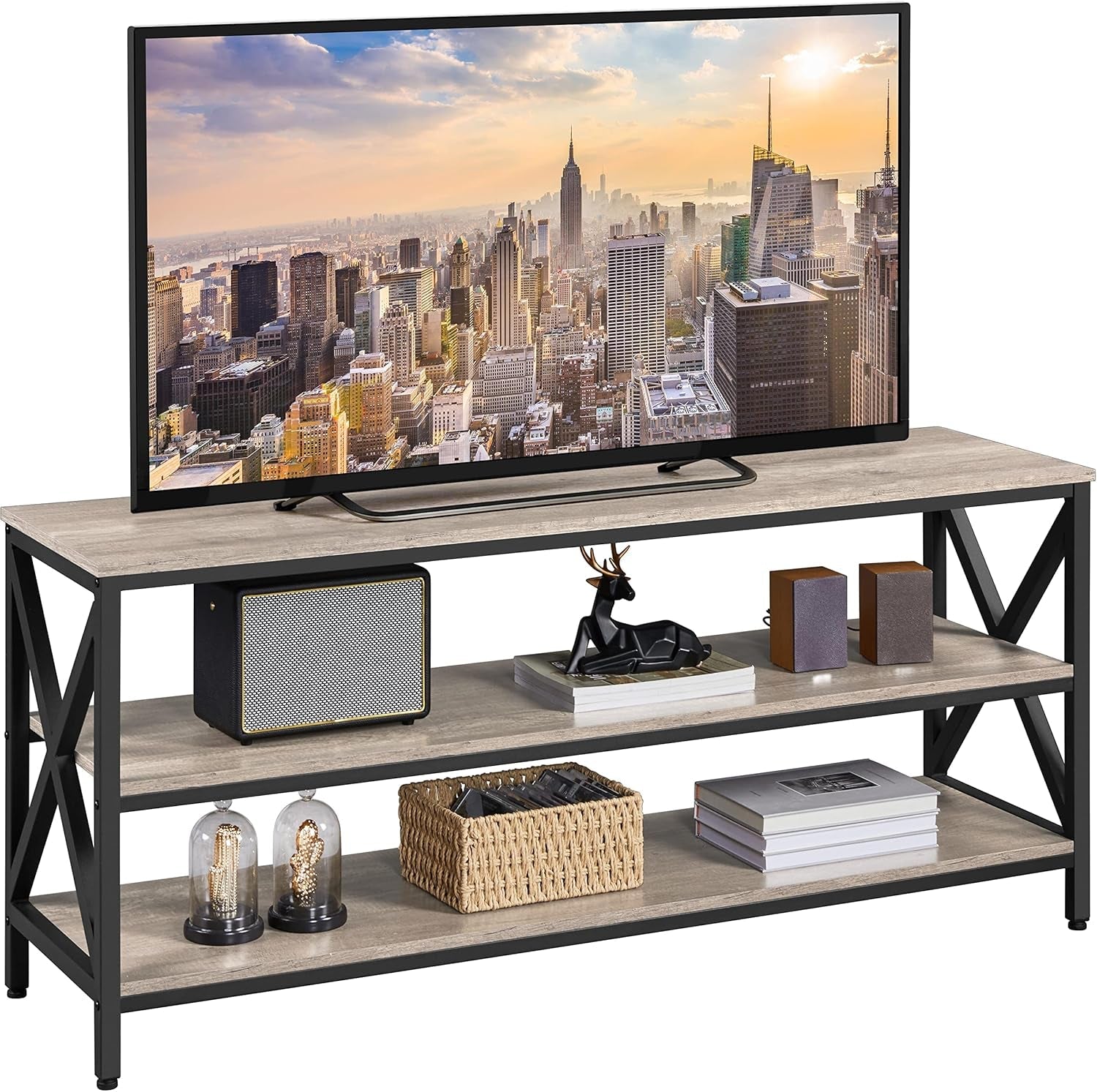 TV Stand for TV up to 65 Inch, Media Entertainment Center with Power Outlets &amp; 3 Tier Storage Shelves, 55 Inches TV Console Table for Living Room, Bedroom, Gray