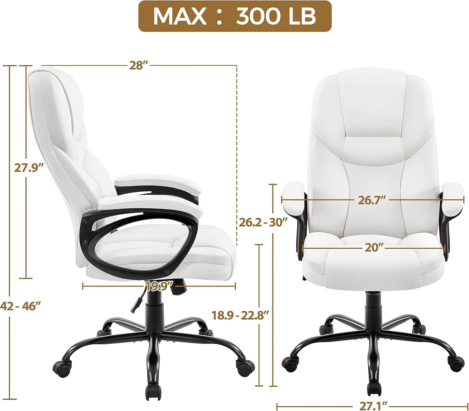 High Back Executive Chair Faux Leather Managerial Chair Ergonomic Task Chair Computer Meeting Chair Large Seat Swivel Chair, Sturdy Metal Base,White