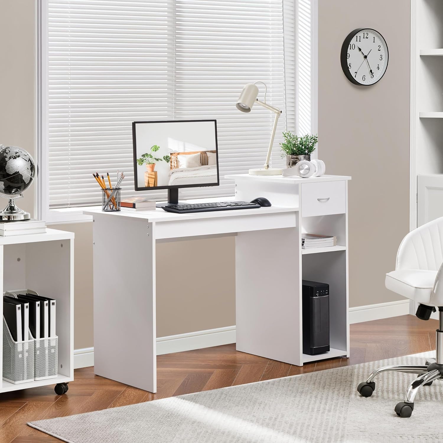 Home Office Computer Desk with Storage Drawer &amp; Monitor Shelf, Writing PC Laptop Table Desk Study Workstation Furniture for Small Spaces, White