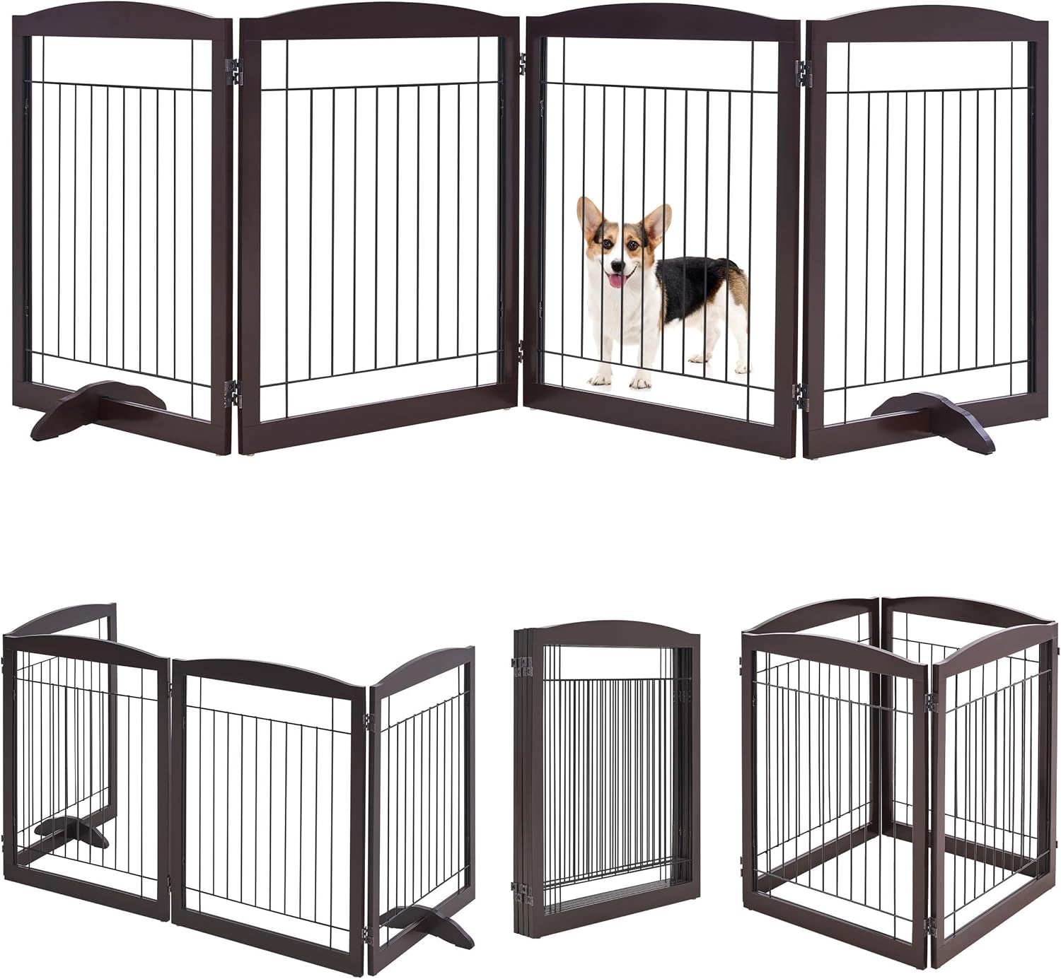 32-Inch Tall Dog Gate Extra Wide Pet Gate for Dogs Indoor Foldable Wire &amp; Wooden Puppy Safety Fence W/2 Support Feet,Freestanding Dog Gate for the House, Doorway, Stairs(Espresso,4 Panels)